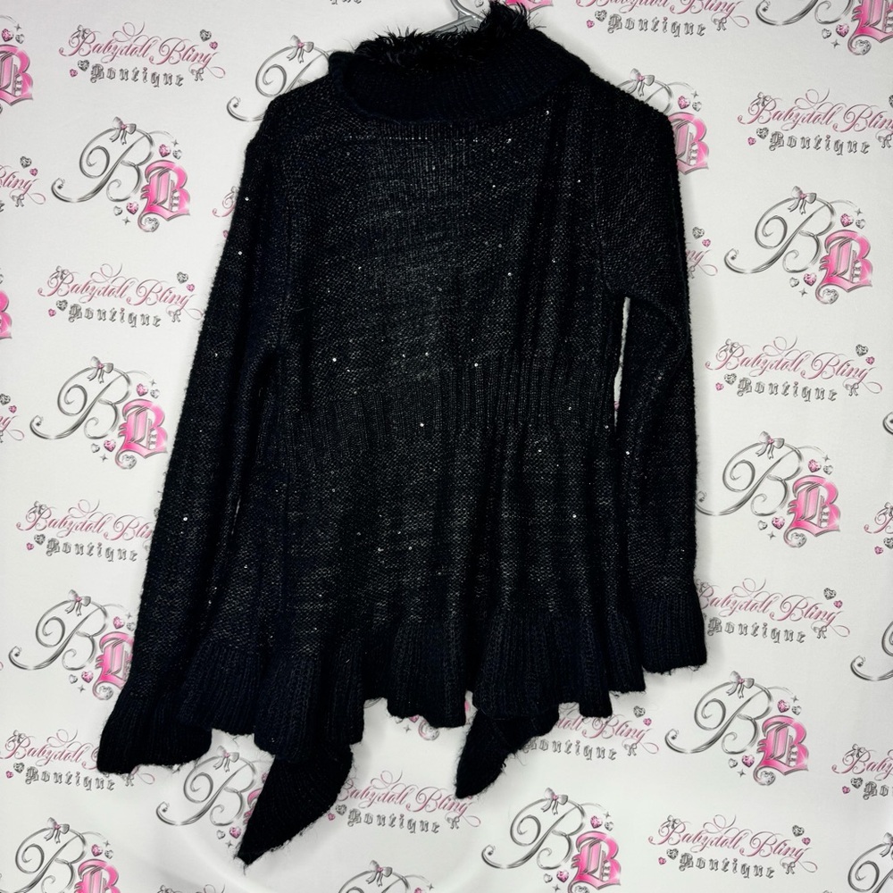 Valenti cardigan sequins sparkly furry fur neckline tie up Black Women's Sweater - Picture 5 of 10